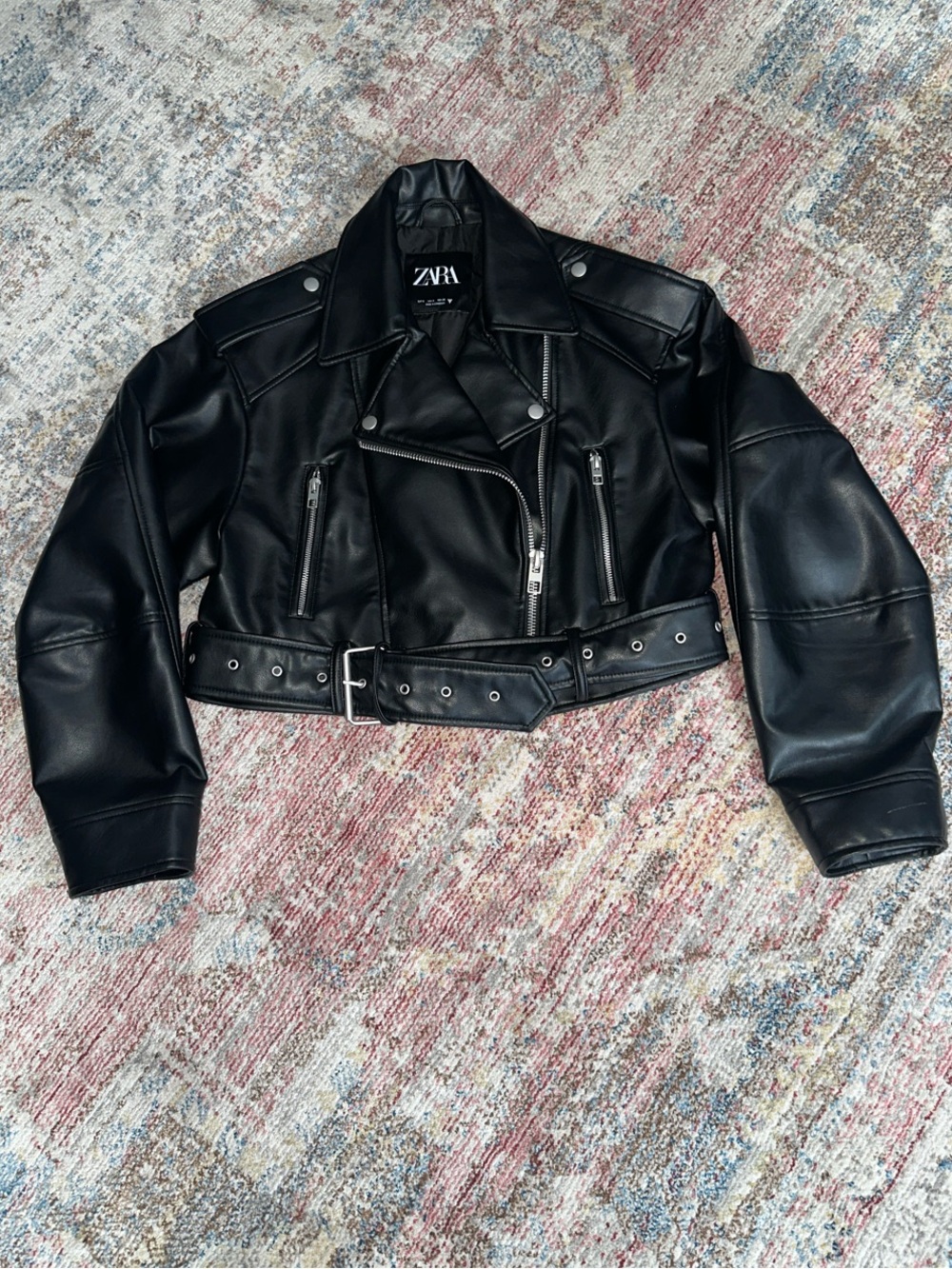 Zara Black Faux Leather Cropped Biker Jacket-S